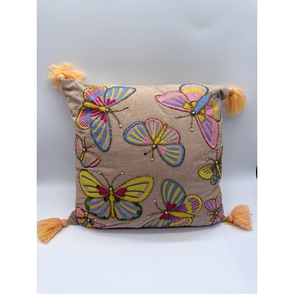 Set of Two Embroidered Beaded Butterfly Cotton Throw Pillow Beige Multicolor